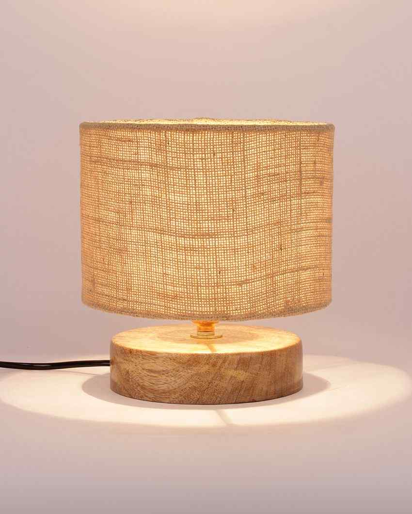 Drum Designer Jute Shade Table Lamp With Wood Base Beige