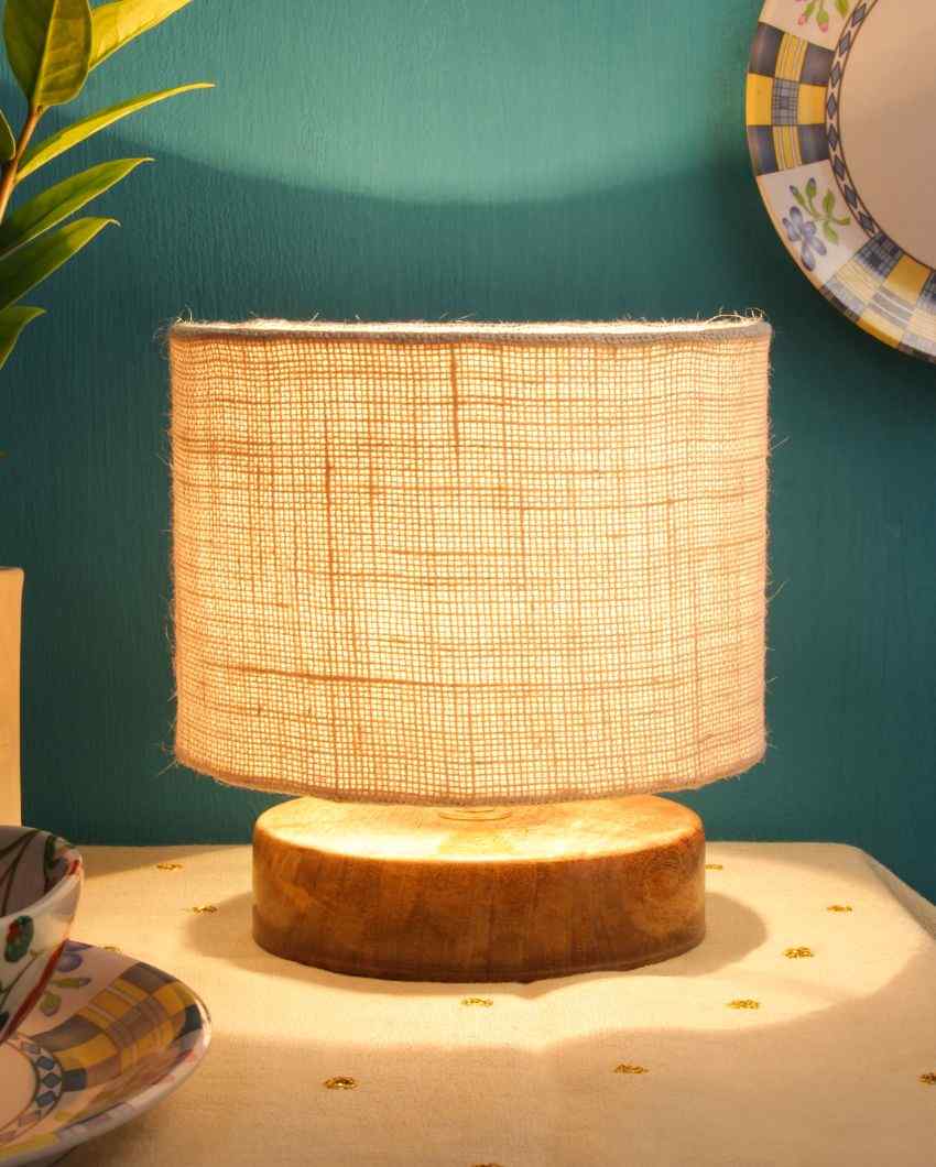 Drum Designer Jute Shade Table Lamp With Wood Base White