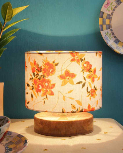 Drum Designer Orange Floral Printed Cotton Shade Table Lamp With Wood Base