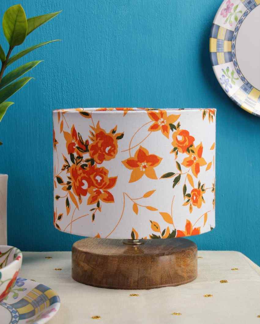 Drum Designer Orange Floral Printed Cotton Shade Table Lamp With Wood Base