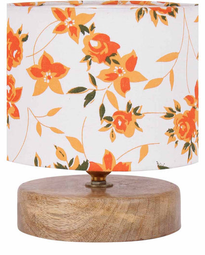 Drum Designer Orange Floral Printed Cotton Shade Table Lamp With Wood Base