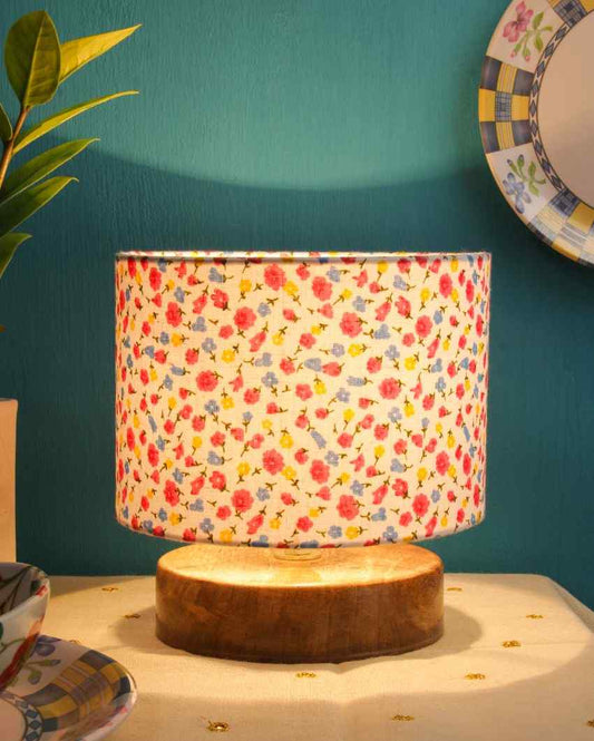 Drum Designer Little Blooms Printed Cotton Shade Table Lamp With Wood Base