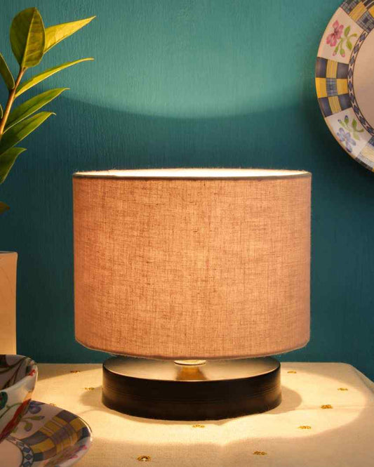 Drum Designer Cotton Shade Table Lamp With Black Base Grey
