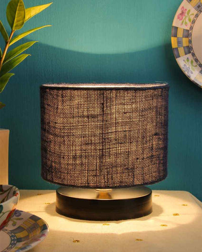 Black Wood Base Drum Designer Jute Shade Table Lamp Blue