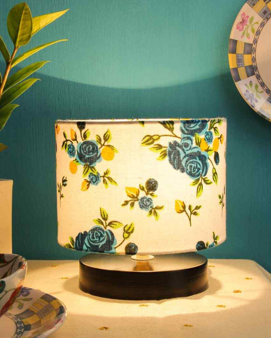 Drum Designer Black Wood Base Floral Printed Cotton Shade Table Lamp