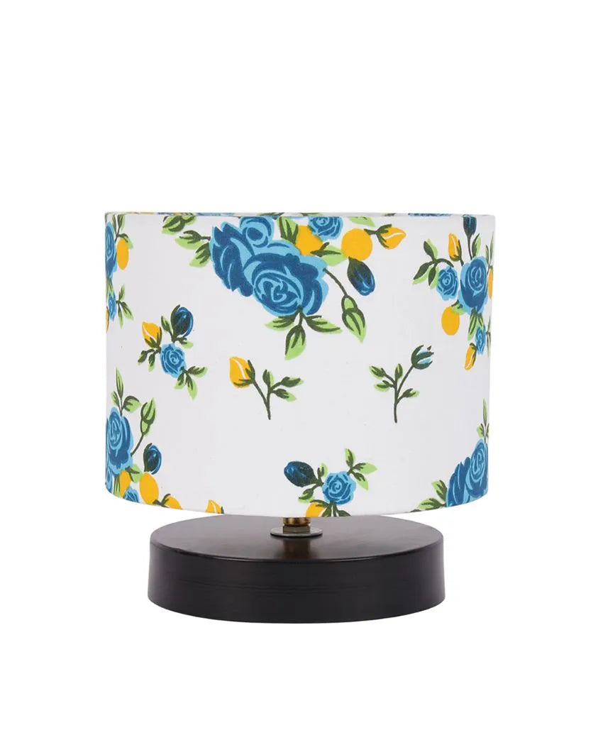 Drum Designer Black Wood Base Floral Printed Cotton Shade Table Lamp