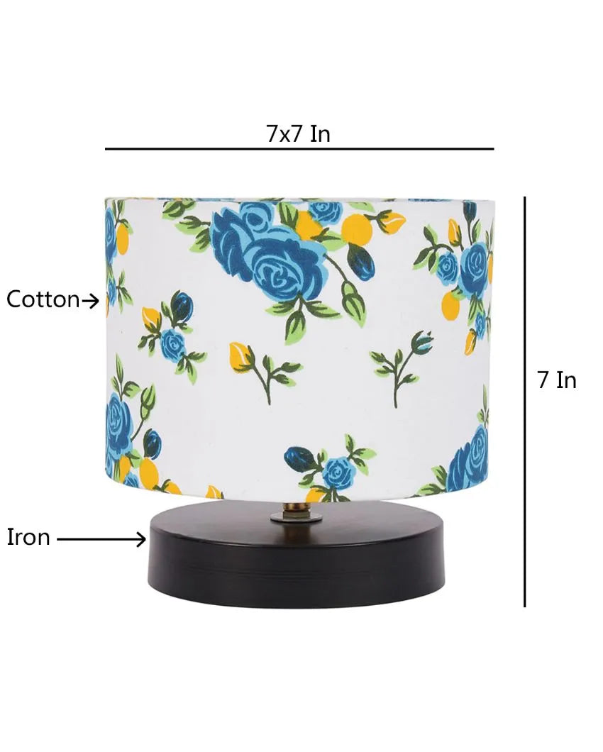 Drum Designer Black Wood Base Floral Printed Cotton Shade Table Lamp