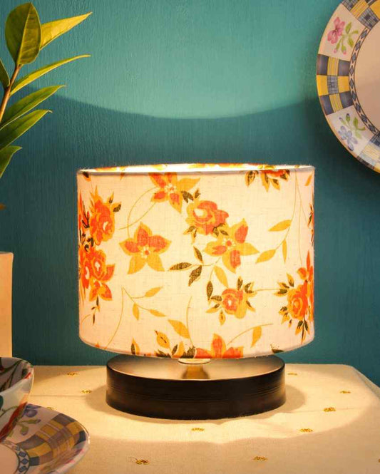 Drum Designer Black Base Orange Blooms Printed Cotton Shade Table Lamp