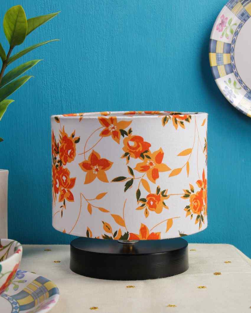 Drum Designer Black Base Orange Blooms Printed Cotton Shade Table Lamp