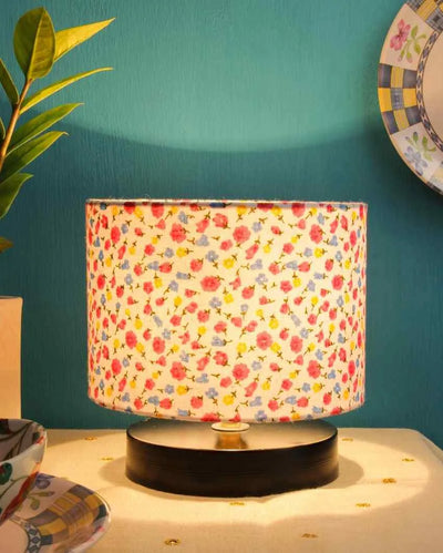 Black Base Little Flowers Printed Cotton Shade Drum Design Table Lamp