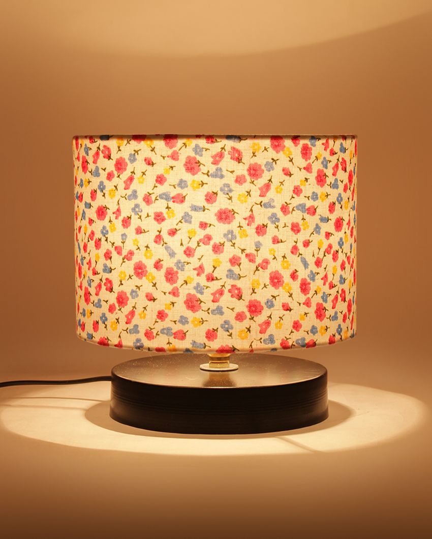 Black Base Little Flowers Printed Cotton Shade Drum Design Table Lamp