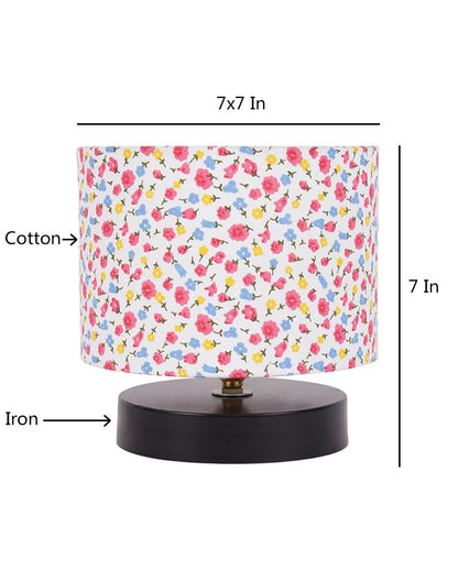 Black Base Little Flowers Printed Cotton Shade Drum Design Table Lamp