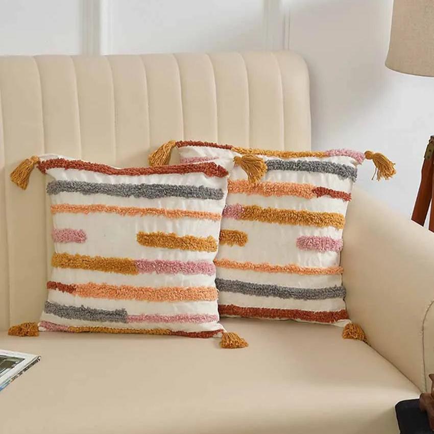 Boho Tufted Rainbow Cushion Cover| 16 x 16 inches | Set Of 2