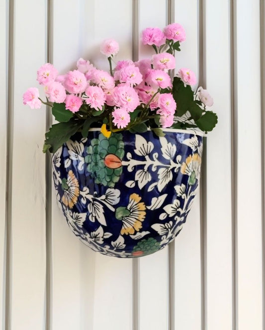 Blue Ceramic Wall Hanging Planter Floral Print