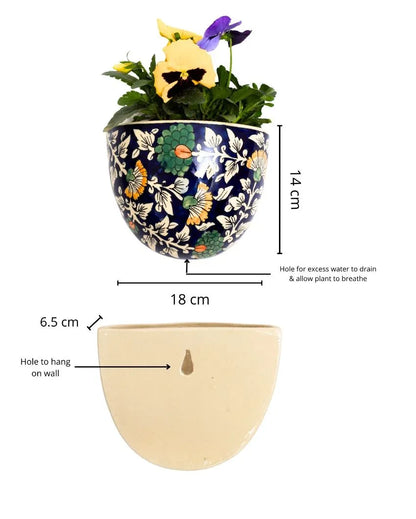 Blue Ceramic Wall Hanging Planter Floral Print | Blue | Plant Not Included