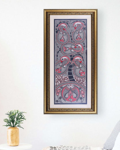 Peacock Divine Love Original Handmade Madhubani Painting | 18 x 37 inches