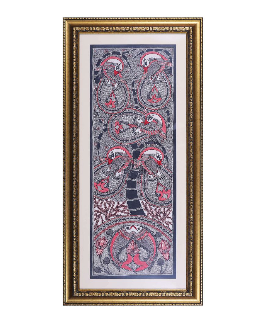 Peacock Divine Love Original Handmade Madhubani Painting | 18 x 37 inches