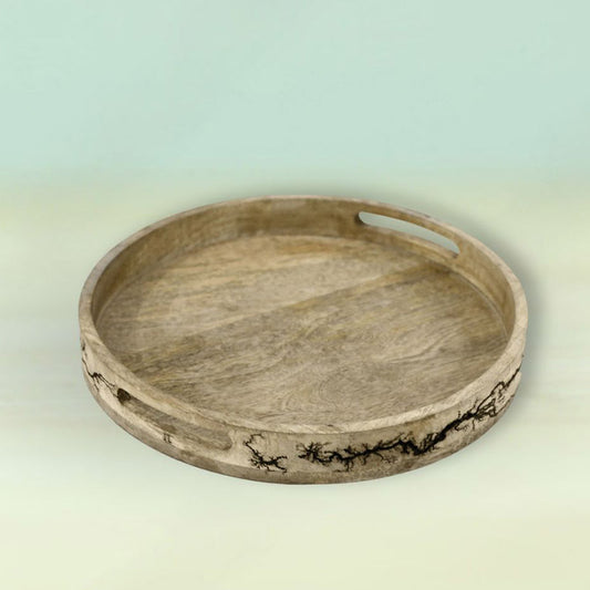 Mango Wood Round Etched Seving Tray Default Title