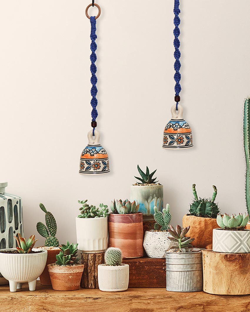 Bohemian Macrame Ceramic Bells | Set of 2 Blue