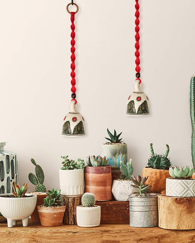 Bohemian Macrame Ceramic Bells | Set of 2 Red