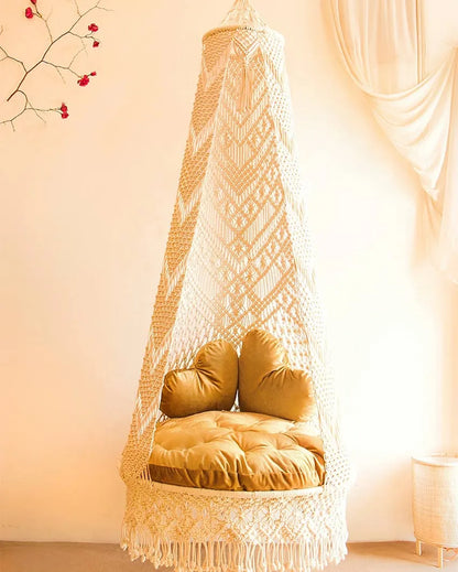 Macrame Swing Chair With Cushion Seat & 2 Heart Cushions