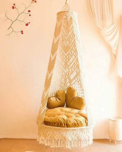 Macrame Swing Chair With Cushion Seat & 2 Heart Cushions