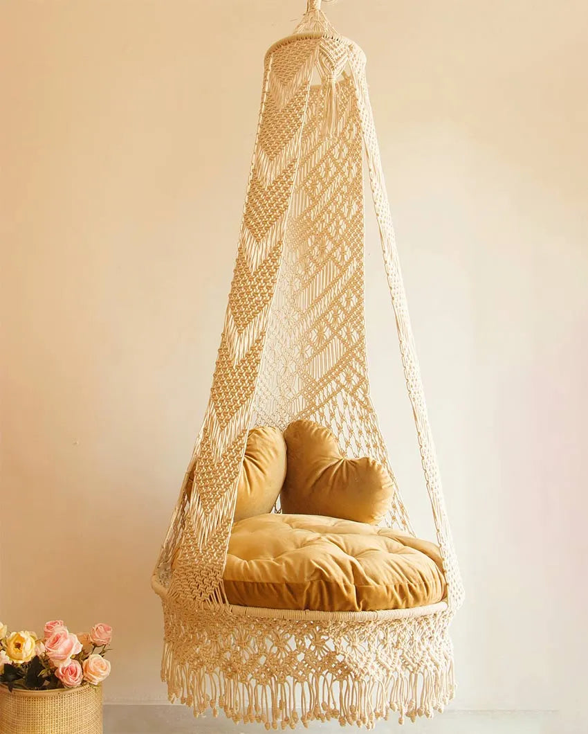 Macrame Swing Chair With Cushion Seat & 2 Heart Cushions