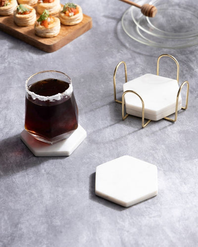 Artistic Inlay Marble Hexagon Coasters with Stand | Set of 5