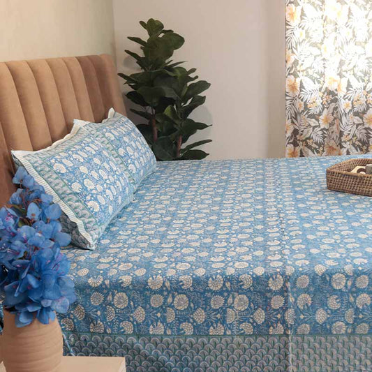 Stylish Mehn Blue Cotton Bedding Set With Pillow Covers | Double Size | 90 x 108 Inches