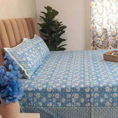 Stylish Mehn Blue Cotton Bedding Set With Pillow Covers | Double Size | 90 x 108 Inches