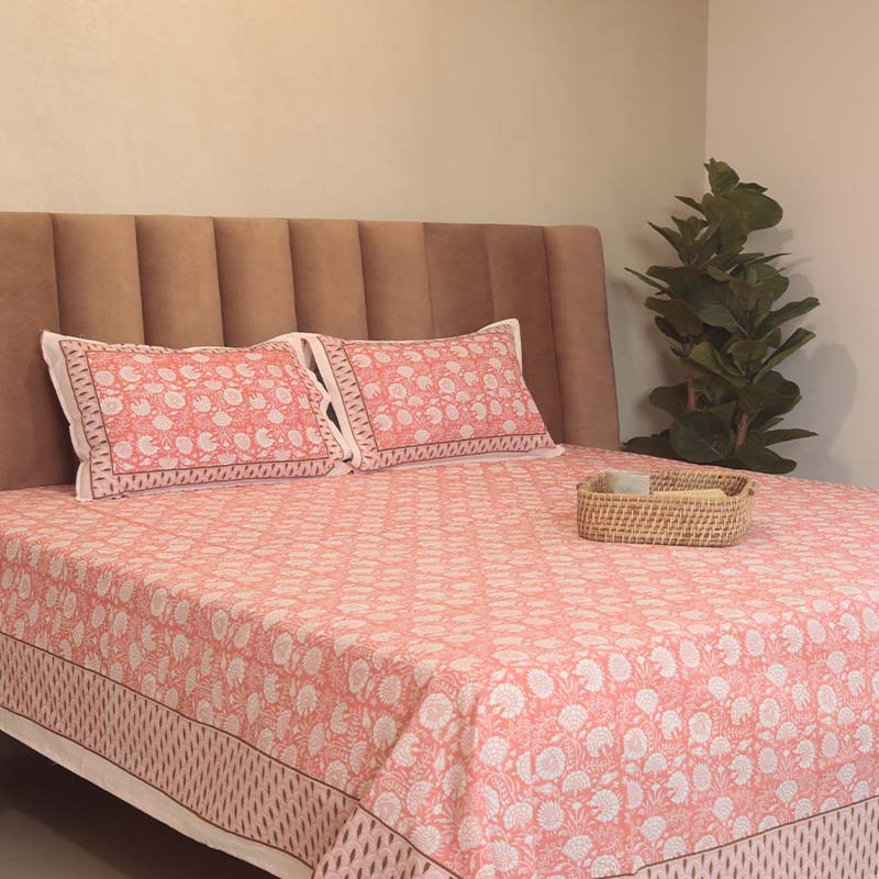 Modern Mehn Red Cotton Bedding Set With Pillow Covers | Double Size | 90 x 108 Inches