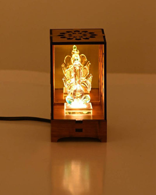 Elegant Wood Mandir Firozi Ganesha with LED Light and Cord Two Plug Pin | 4 x 3 inches