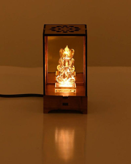 Charming Wood Mandir Gold Ganesha with LED Light and Cord Two Plug Pin | 4 x 3 inches