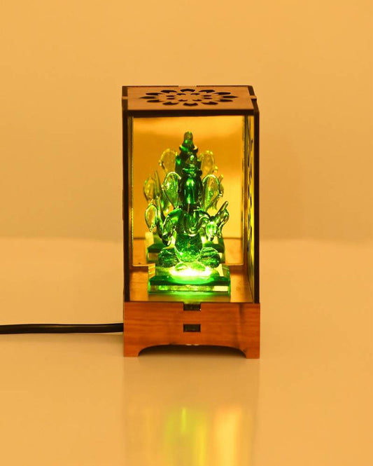 Stylish Wood Mandir Green Ganesha with LED Light and Cord Two Plug Pin | 4 x 3 inches