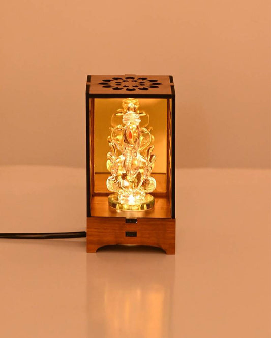 Bright Wood Mandir Clear and Pink Ganesha with LED Light and Cord Two Plug Pin | 4 x 3 inches