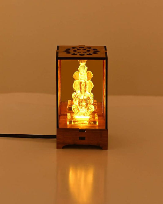 Vibrant Wood Mandir Yellow Ganesha with LED Light and Cord Two Plug Pin | 4 x 3 inches