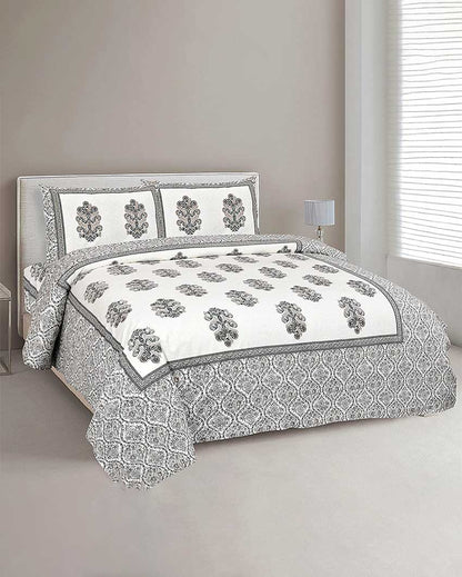 Celosia Sanganeri Cotton Flat Bedding Set | Double Size Lite Grey