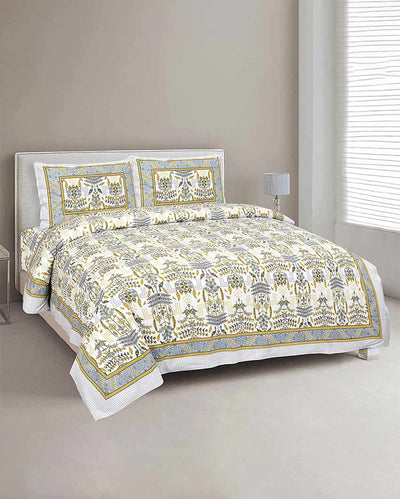 Aconit Sanganeri Cotton Flat Bedding Set | Double Size Yellow