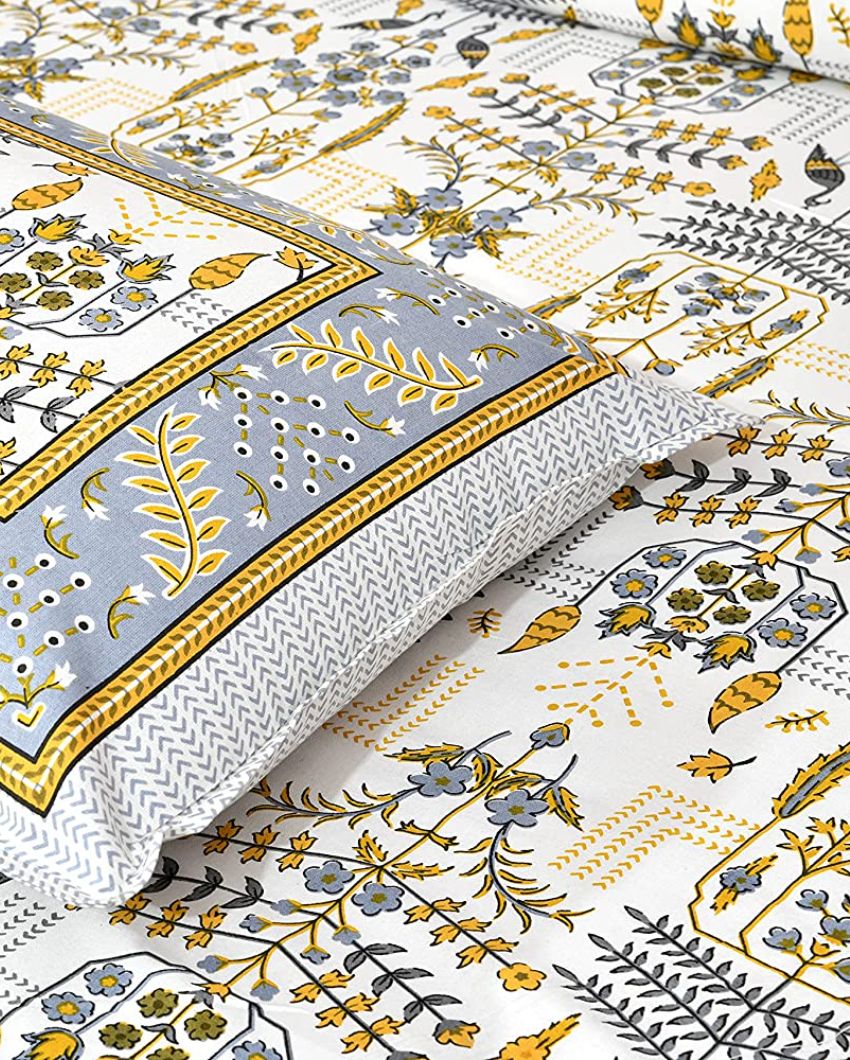 Aconit Sanganeri Cotton Flat Bedding Set | Double Size Yellow