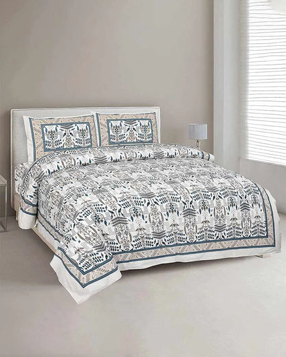 Aconit Sanganeri Cotton Flat Bedding Set | Double Size Blue