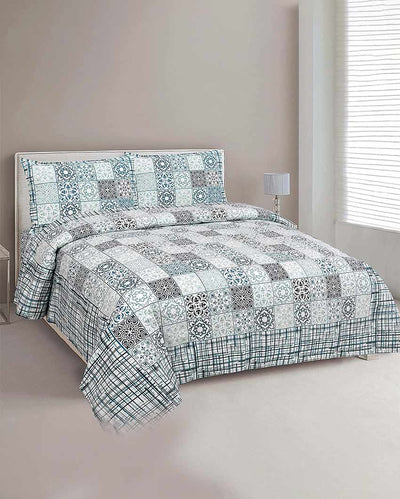 Zig Zag Sanganeri Cotton Flat Bedding Set | Double Size Blue