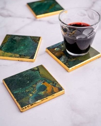 Moss Agate Square Stone Coaster with Leafing | Set of 4