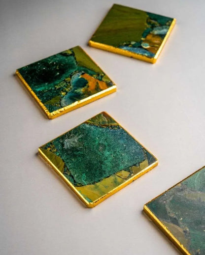 Moss Agate Square Stone Coaster with Leafing | Set of 4