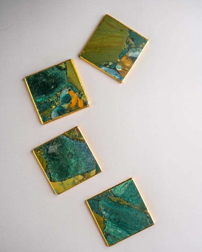 Moss Agate Square Stone Coaster with Leafing | Set of 4