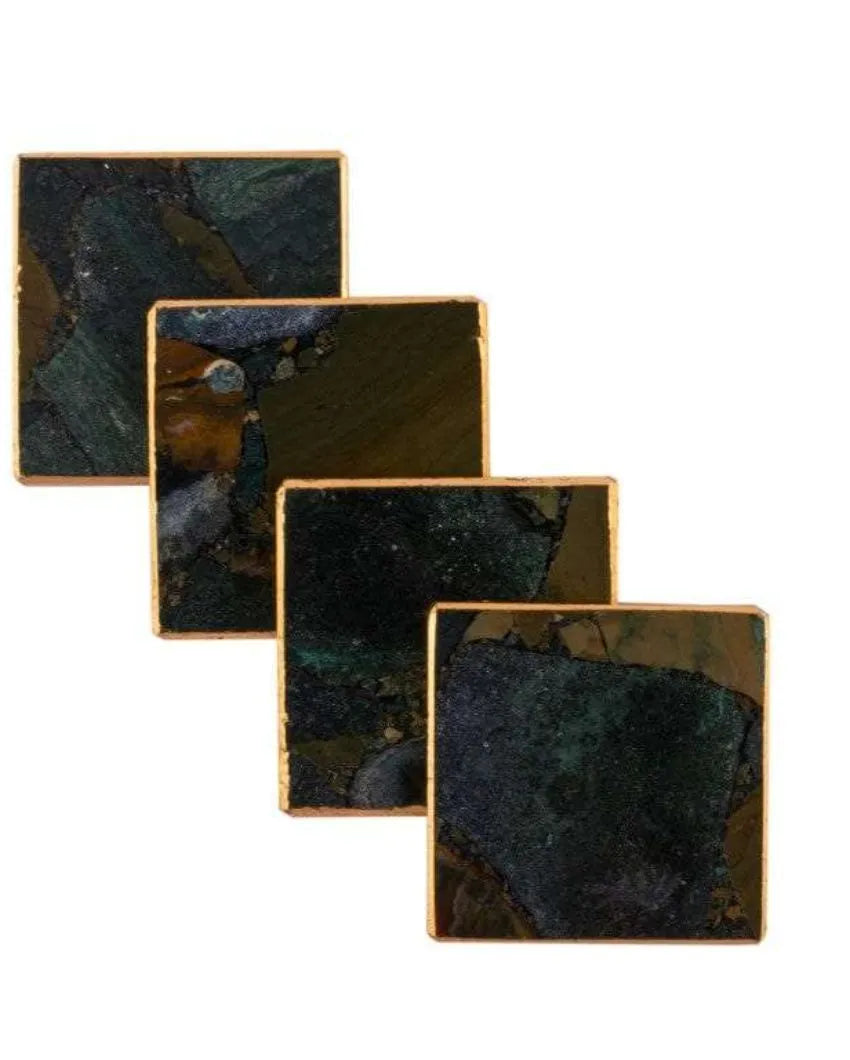 Moss Agate Square Stone Coaster with Leafing | Set of 4