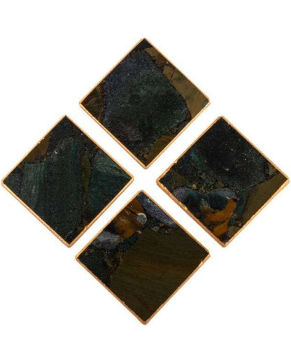 Moss Agate Square Stone Coaster with Leafing | Set of 4