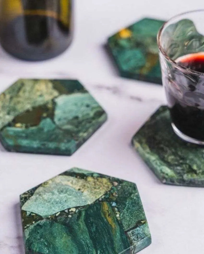 Moss Agate Hexagon Stone Coaster | Set of 4