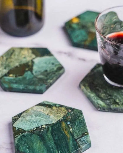 Moss Agate Hexagon Stone Coaster | Set of 4