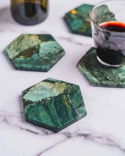 Moss Agate Hexagon Stone Coaster | Set of 4