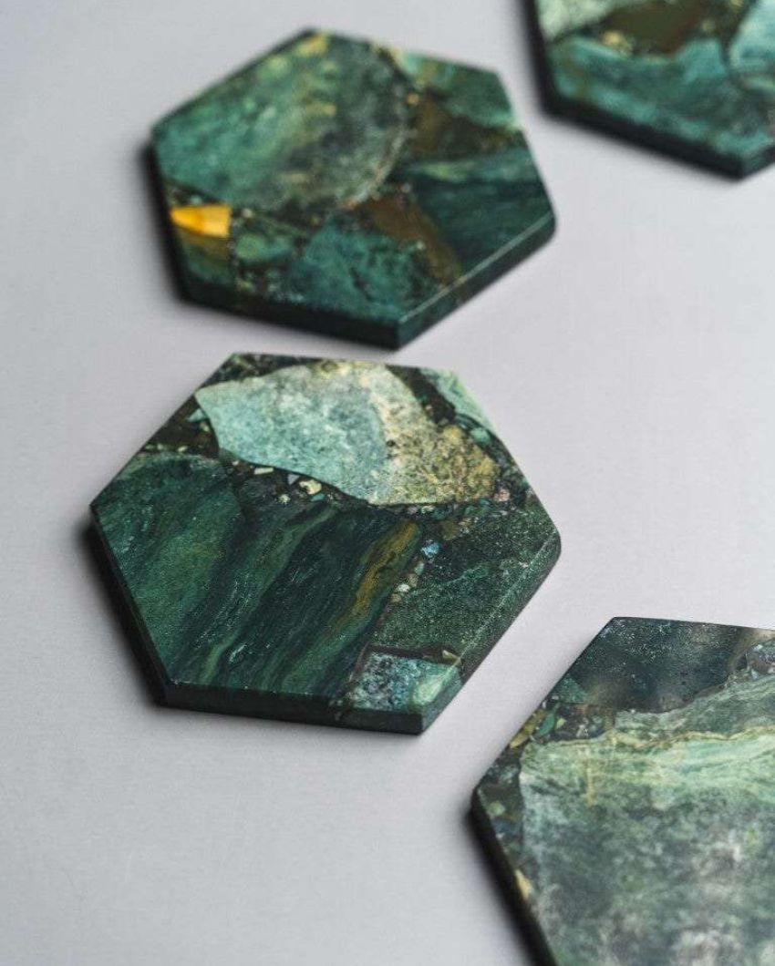 Moss Agate Hexagon Stone Coaster | Set of 4